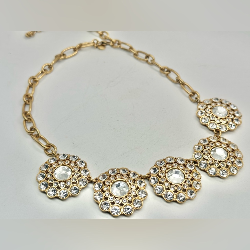 J Crew Layered Circle Rhinestone Statement Necklace Gold Tone Flower Link Chain